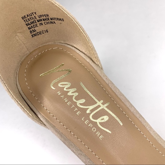 Nanette Lepore Ankle Strap Sandal ‘Beauty’ Heel Crochet Detail Faux Suede Tan 8 - Picture 8 of 14